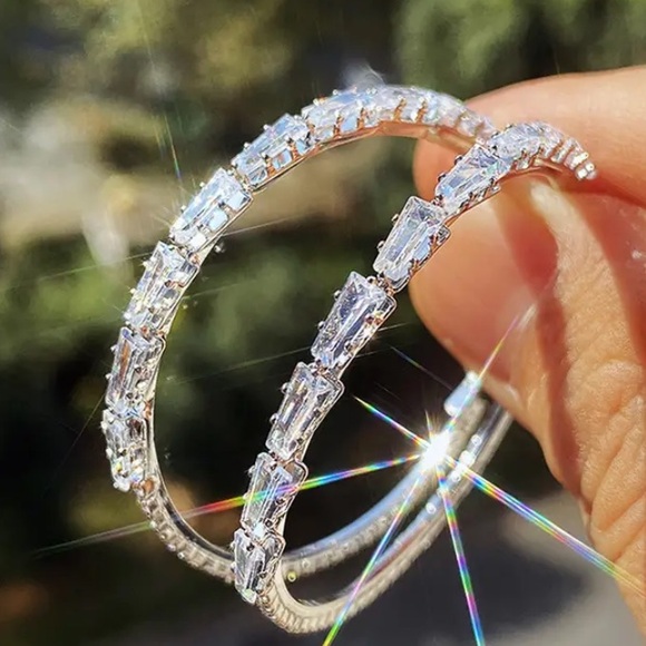 Sapphire and White Gold Hoop 9.25 Sterling Silver Earrings 2.5”